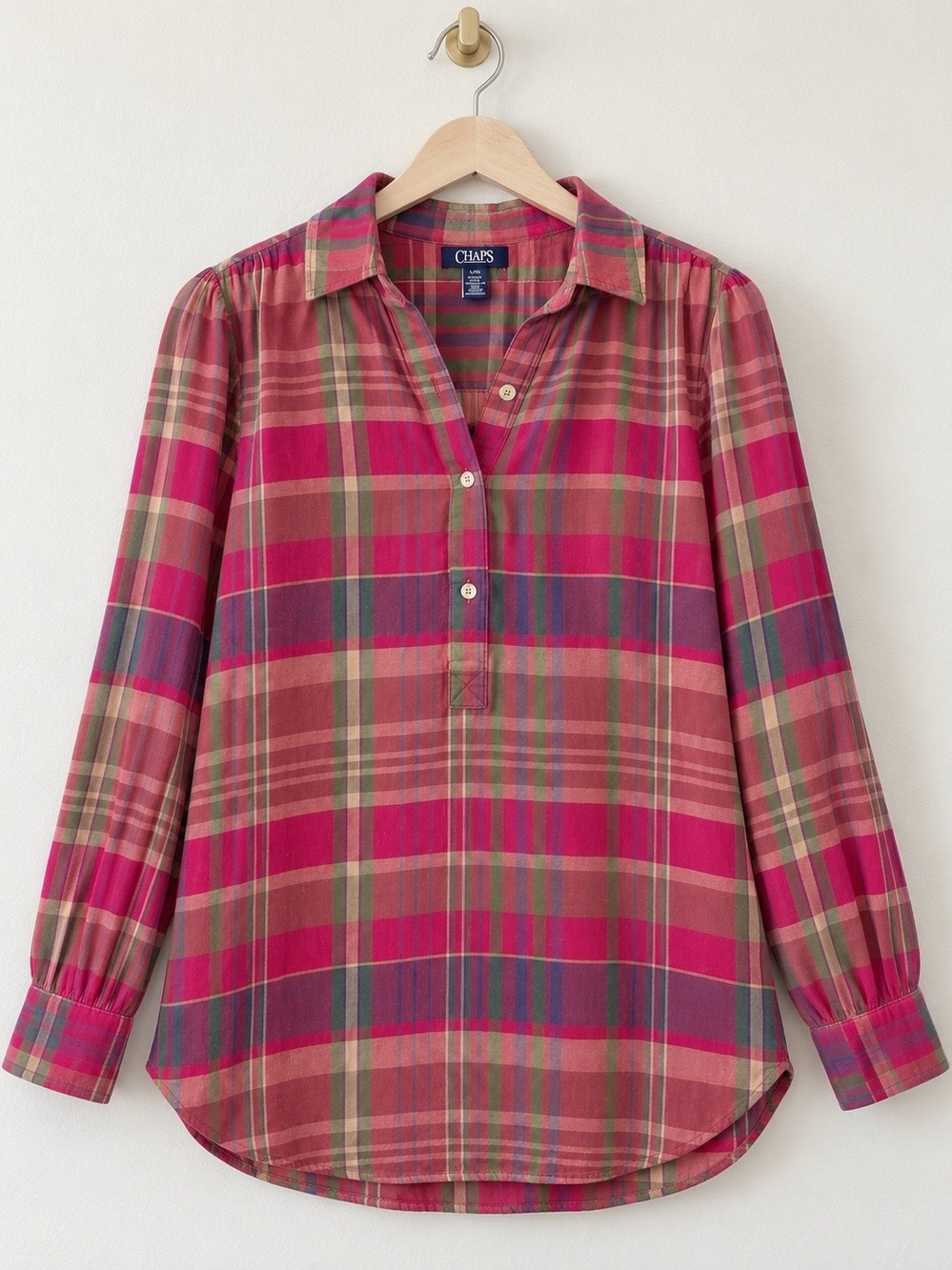 Chaps Ladies Pink Plaid Button-Front Tunic Shirt. Perfect For Fall.
